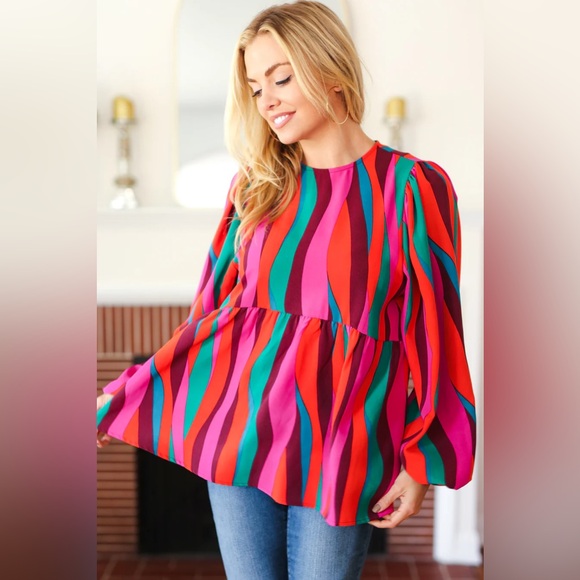 Rust & Berry Abstract Print Babydoll Air Flow Woven Top - Picture 3 of 15